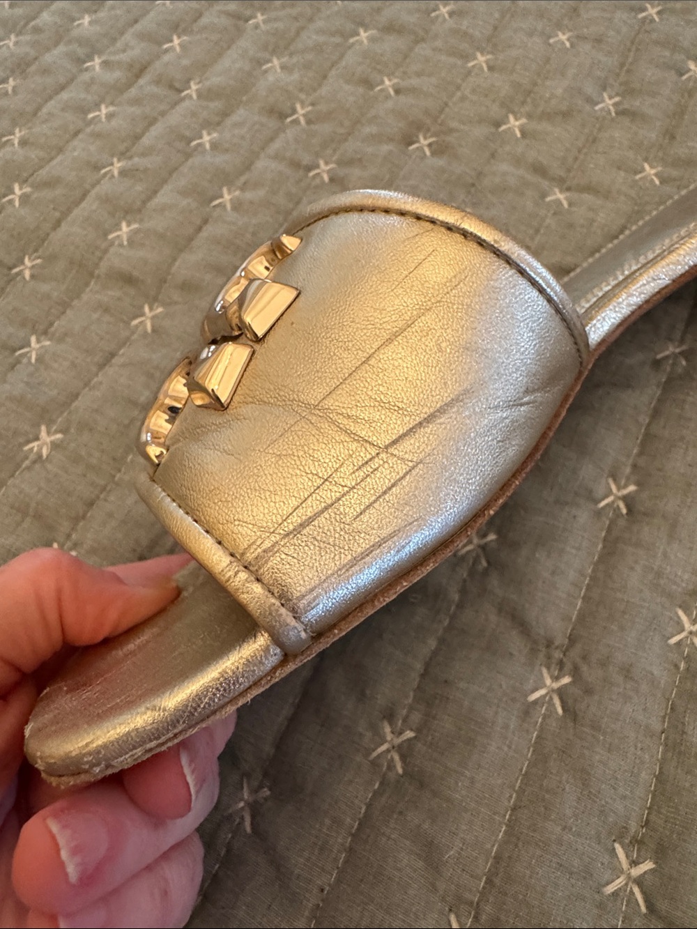 Tory Burch Gold Logo Slide Sandals - Metallic Leather - Picture 7 of 9